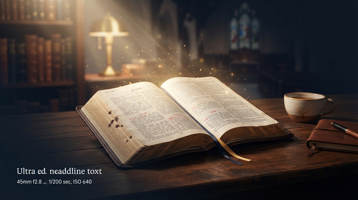 An open Bible on a wooden study table glowing with warm light, with a softly blurred bookshelf and church interior in the background