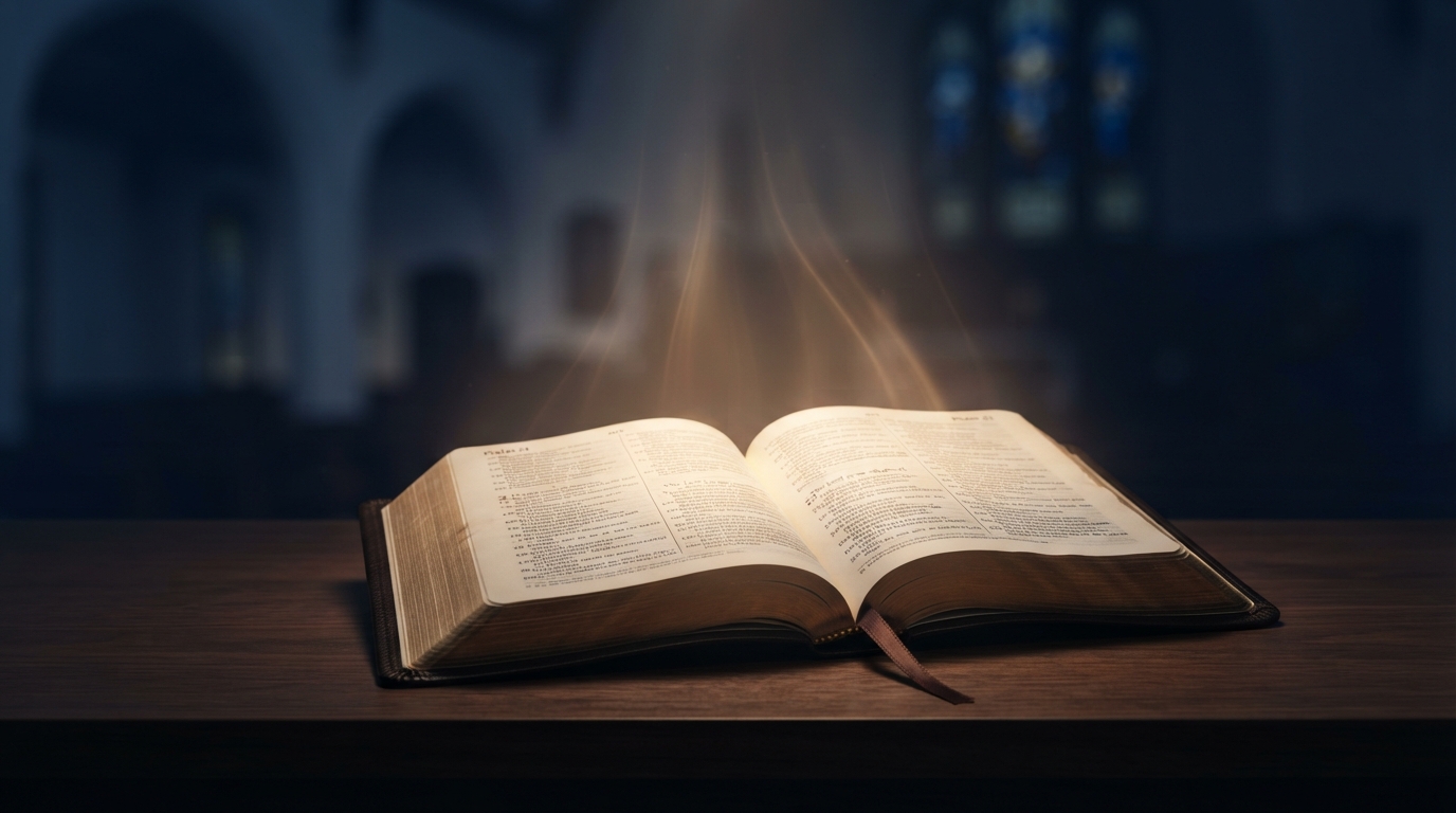 An open Bible glowing with soft warm light on a dark surface, with subtle church architecture in the background